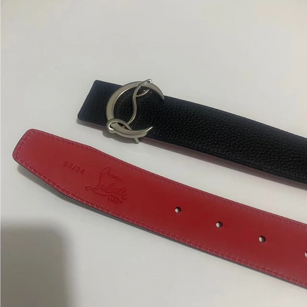 Christian Louboutin CL Buckle Reversible Leather Belt Black Red 34in